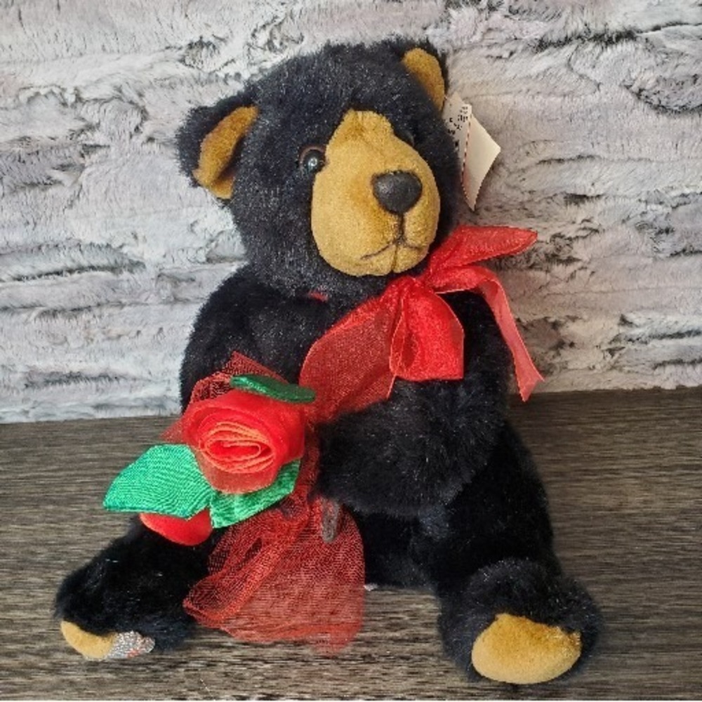 E&J Classics WITH LOVE Black Teddy Bear Holding Sheer Roses Romantic Plush
